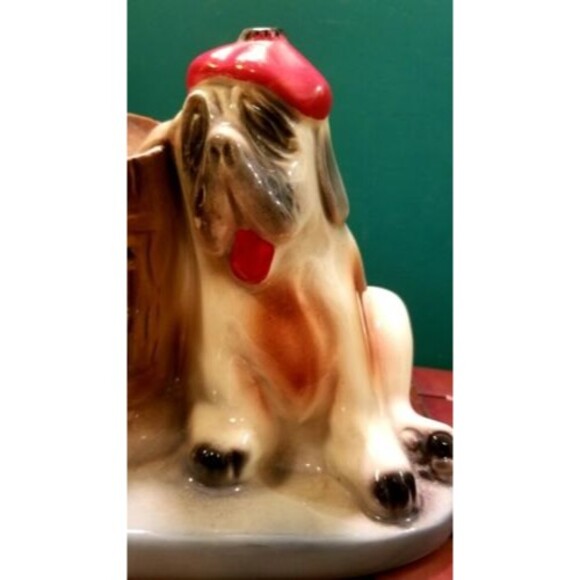 Vintage McCoy Pottery Hung Over St Bernard Dog & Barrel Coin Bank Wallet Holder - Picture 2 of 6